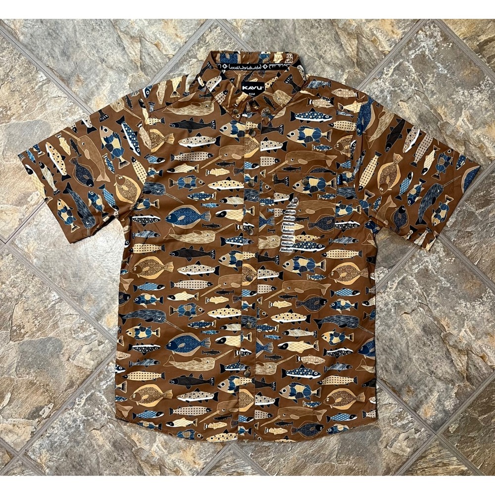 KAVU River Wrangler Shirt Mens M Brown Fish Fill Print Short Sleeve Button Up